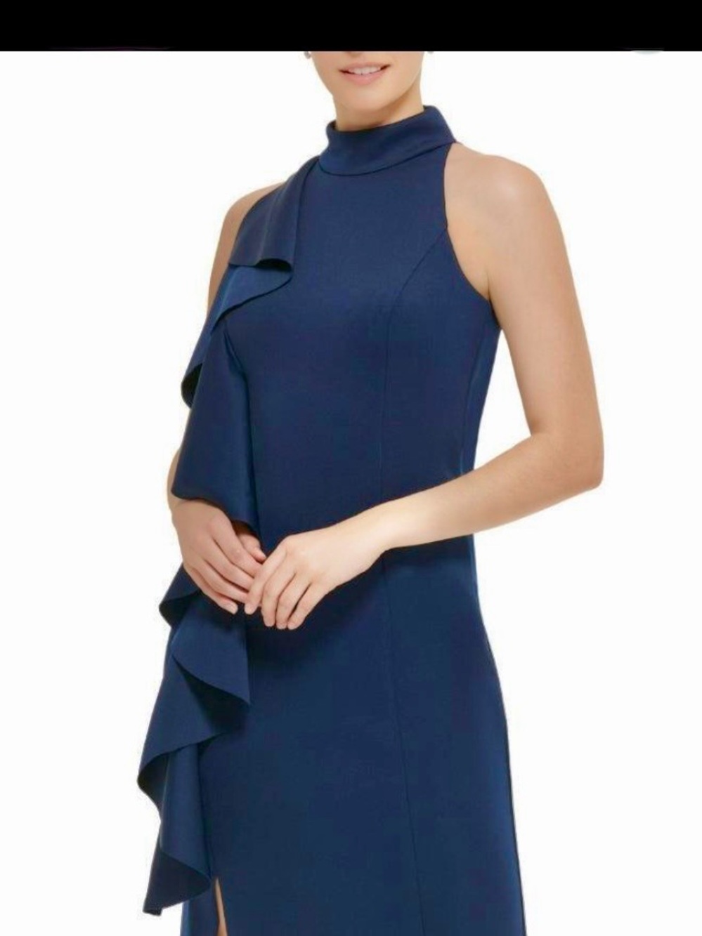 Jessica Howard Navy One-Shoulder Ruffle Gown